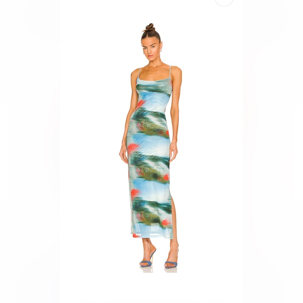 Miaou Thais Dress - Motion Blue-  Blue Green Print Maxi Dress with Coral Accents